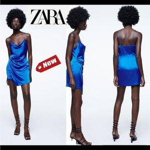 ZARA cobalt blue satin effect ruched draped mini dress Sz XS worn only once